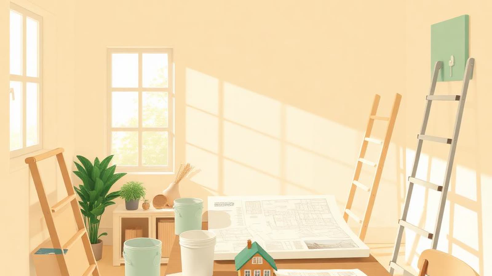 Interno di casa in ristrutturazione con scala, secchi di vernice, planimetria sul tavolo, modellino di casa e calcolatrice — illustrazione editoriale beige con accenti verdi