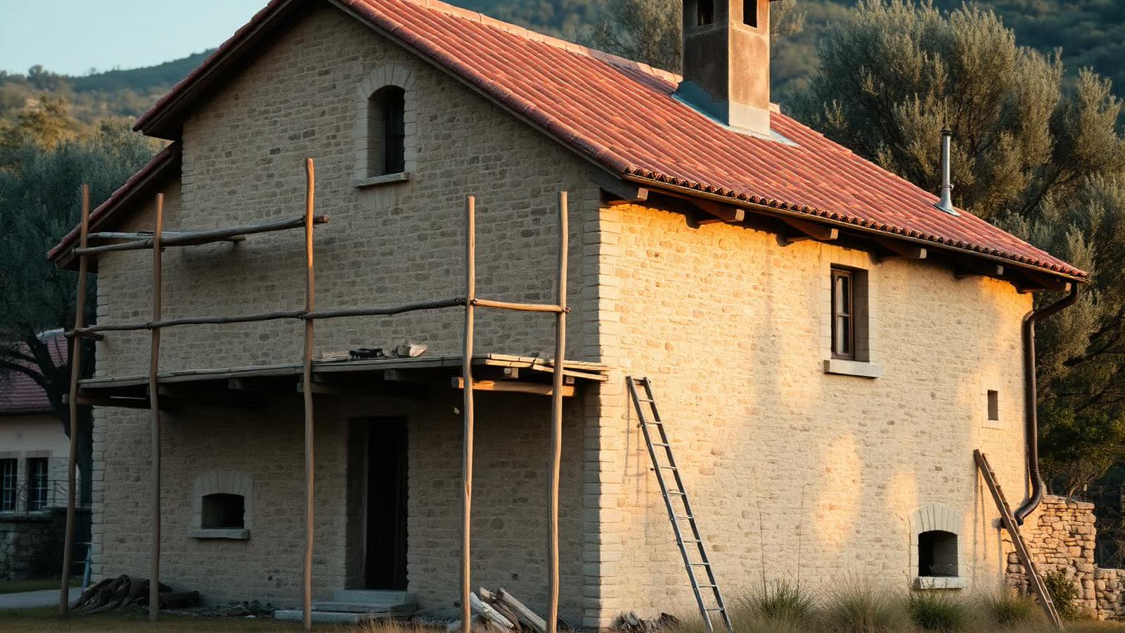 Casa vacanza con impalcatura di ristrutturazione stilizzata, finestra dorata e sole geometrico — illustrazione editoriale beige con accenti verdi del mutuo ristrutturazione seconda casa 2026