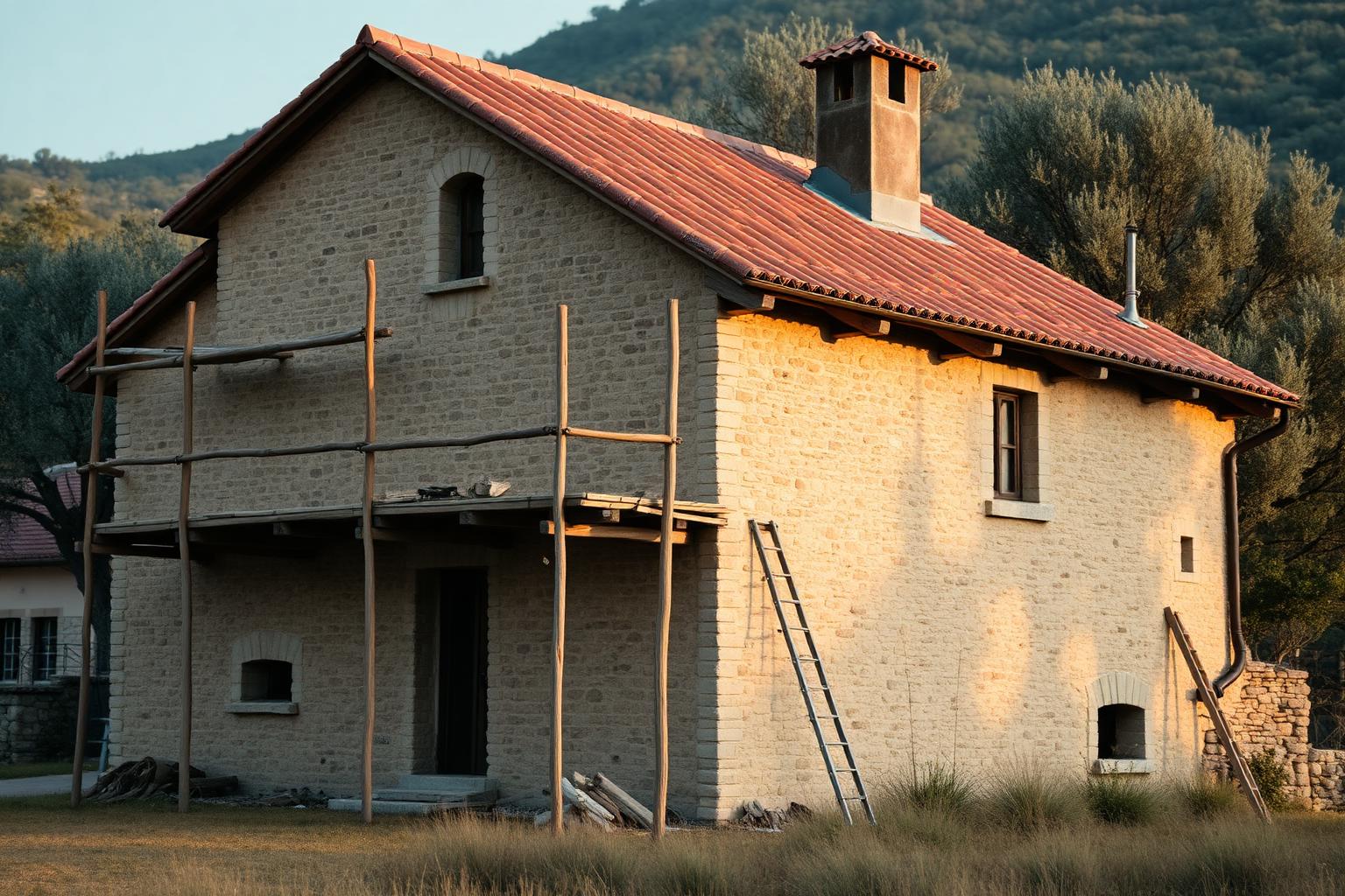 Casa vacanza con impalcatura di ristrutturazione stilizzata, finestra dorata e sole geometrico — illustrazione editoriale beige con accenti verdi del mutuo ristrutturazione seconda casa 2026