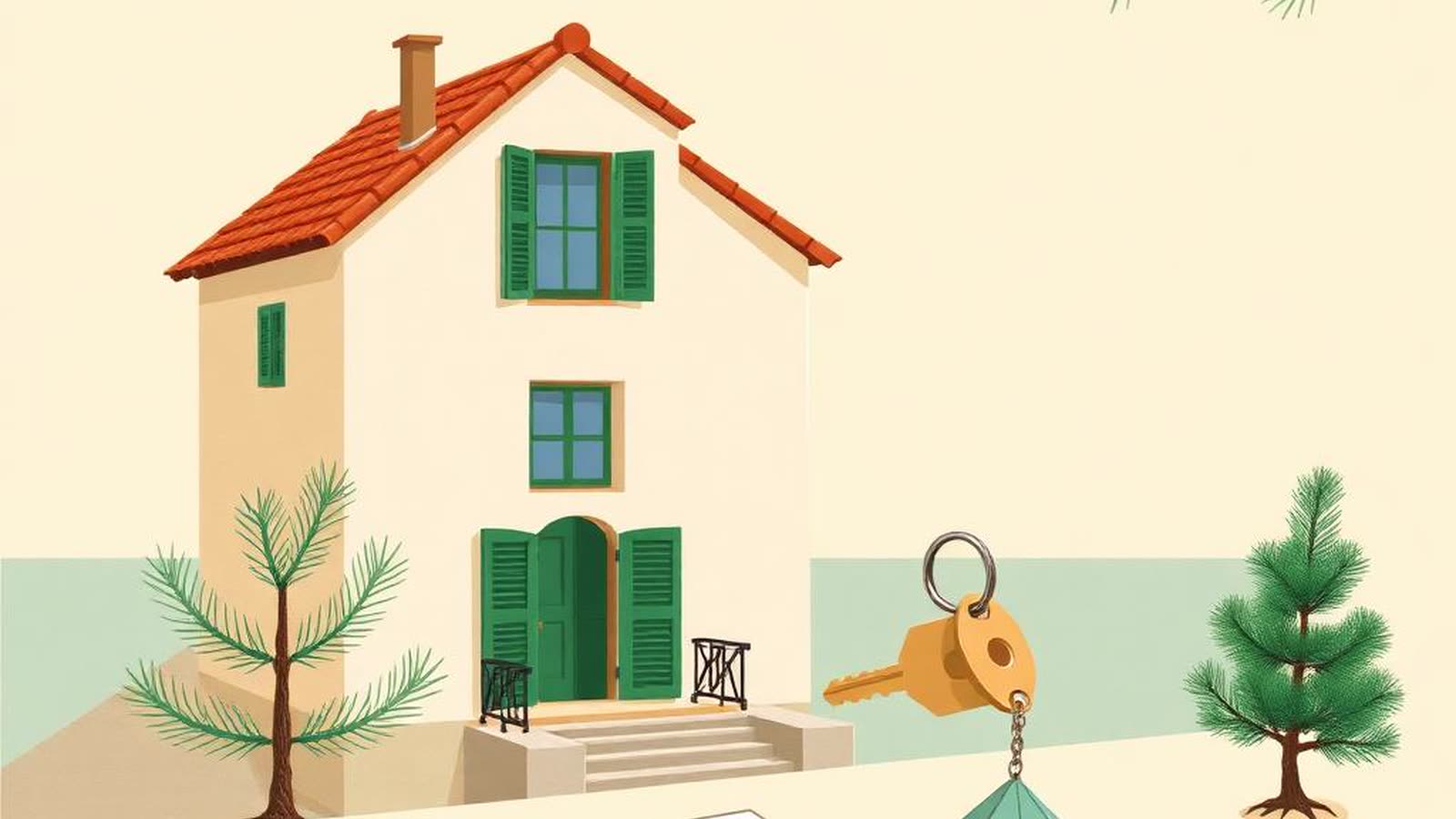 Casa vacanze italiana con tetto in cotto e imposte verdi, chiave con portachiavi a forma di casa, contratto di mutuo, calcolatrice e pino su sfondo beige — illustrazione editoriale mutuo seconda casa 2026