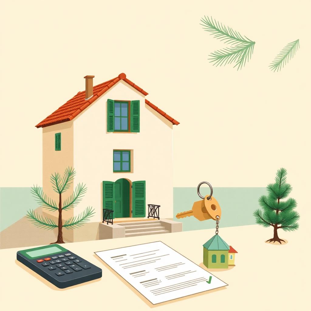 Casa vacanze italiana con tetto in cotto e imposte verdi, chiave con portachiavi a forma di casa, contratto di mutuo, calcolatrice e pino su sfondo beige — illustrazione editoriale mutuo seconda casa 2026
