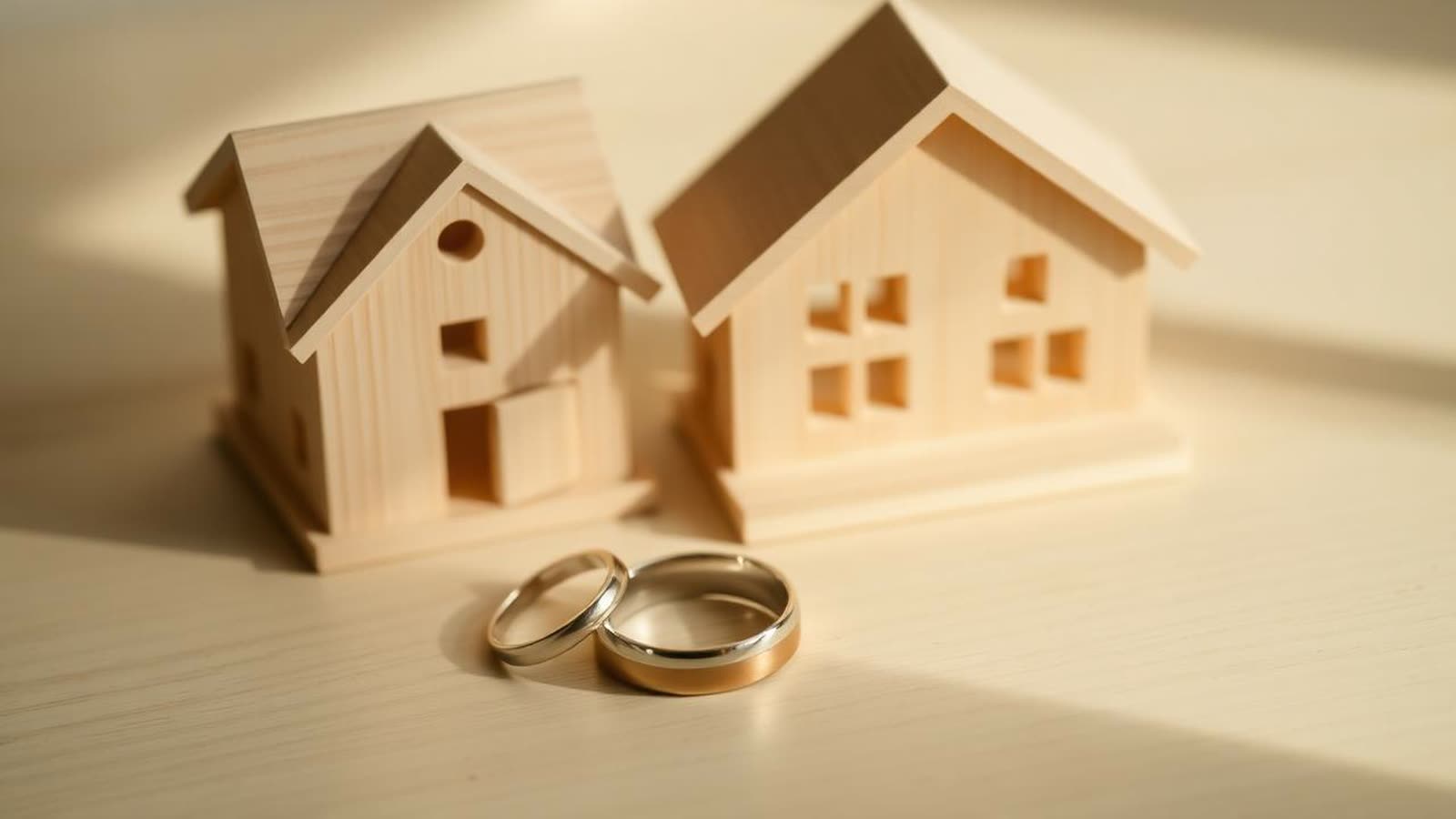 Due fedi nuziali appoggiate davanti a due modellini di casa in legno su un piano chiaro