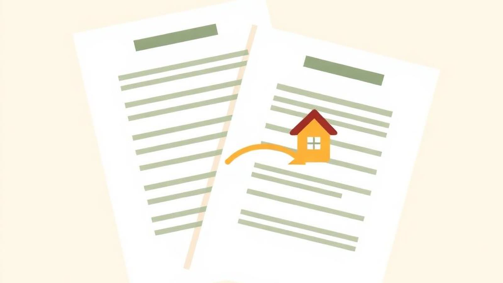Illustrazione editoriale di due contratti di mutuo che si sovrappongono con freccia di scambio — mutuo di sostituzione 2026