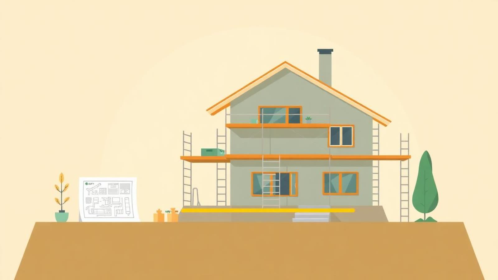 Casa in costruzione con impalcature e barra di avanzamento a tre stadi — illustrazione editoriale beige con accenti verdi sul mutuo SAL