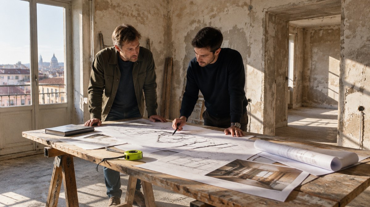 Casa in costruzione con impalcature e barra di avanzamento a tre stadi — illustrazione editoriale beige con accenti verdi sul mutuo SAL