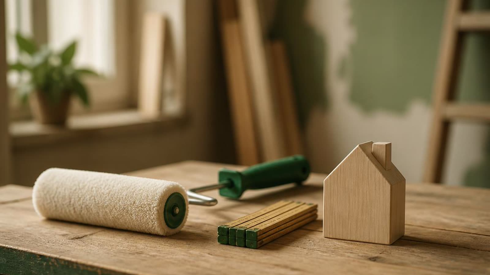 Rullo da imbianchino, cacciavite e modellino di casa in legno su un banco da lavoro