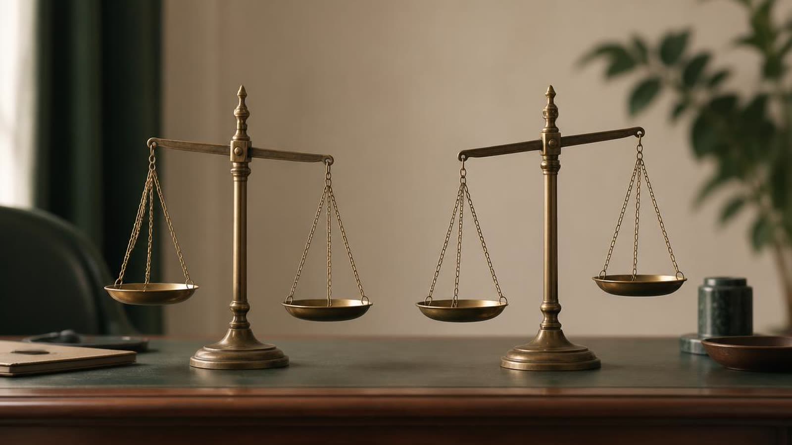Due bilance in ottone affiancate su una scrivania in legno con inclinazioni diverse