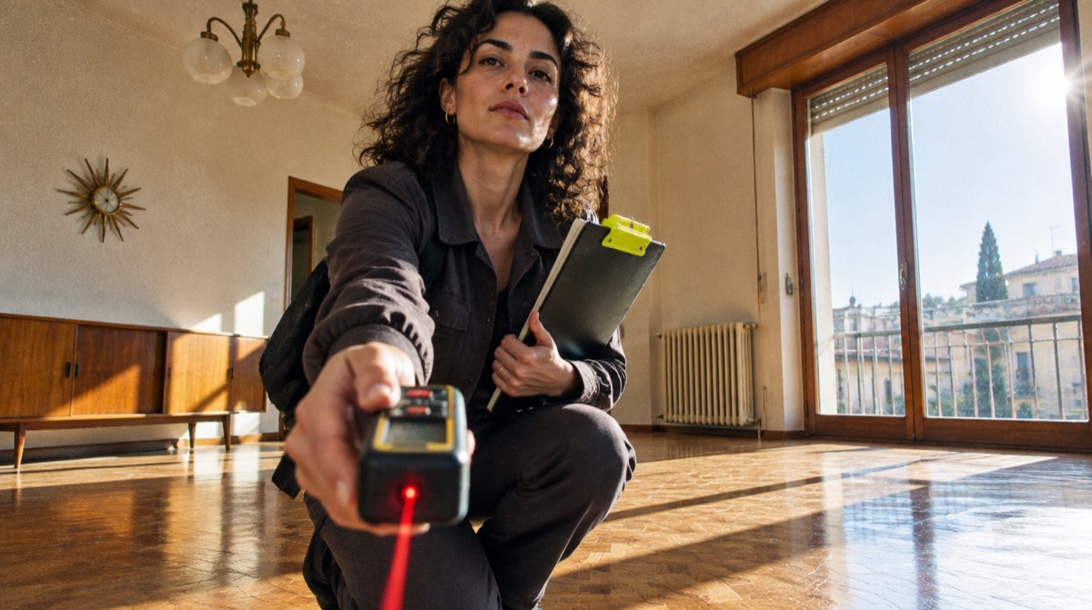 Planimetria di un appartamento, metro a nastro, occhiali da vista e taccuino di appunti su scrivania in legno: strumenti del perito immobiliare durante la valutazione dell'immobile per la perizia del mutuo