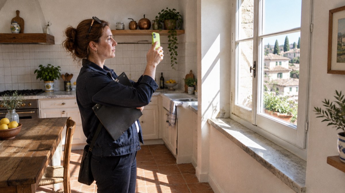 Perito immobiliare che valuta un appartamento con documenti e planimetria — perizia bancaria mutuo