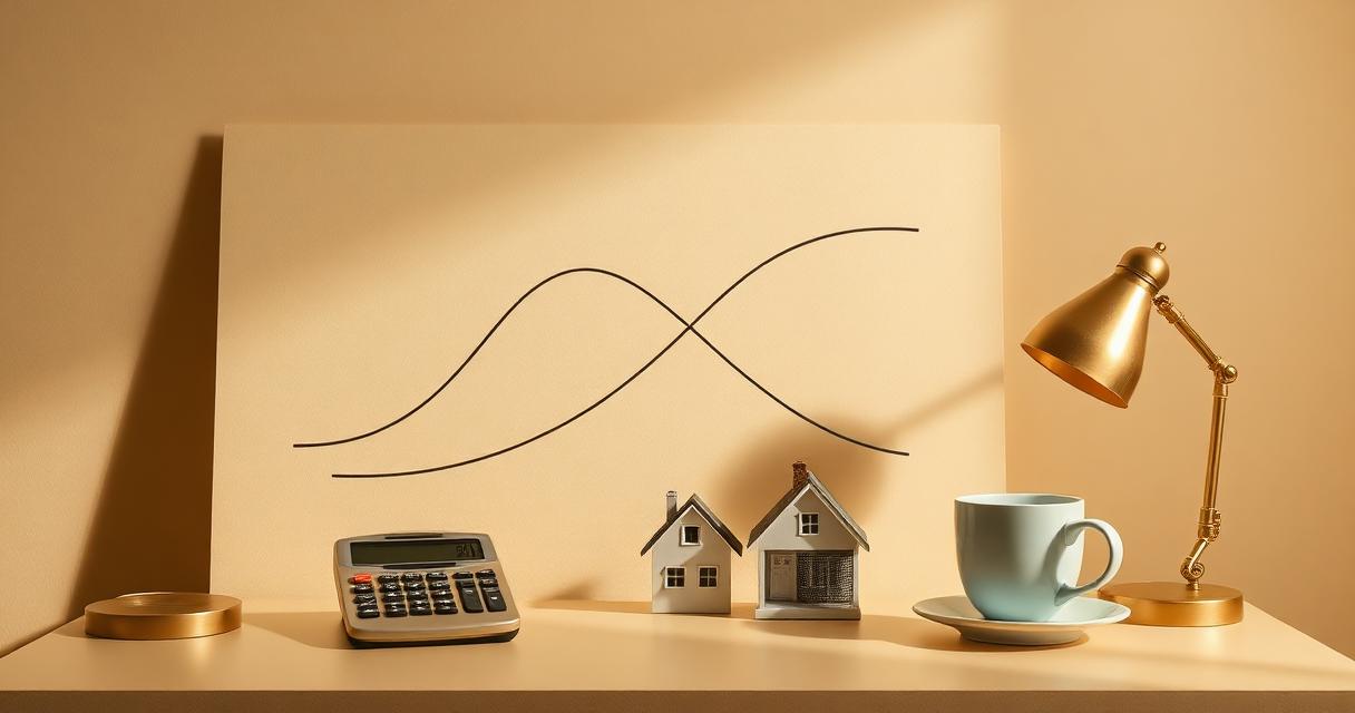 Tabella piano di ammortamento francese di un mutuo con quota interessi decrescente e quota capitale crescente, calcolatrice, modellino di casa e tazza di caffè su scrivania beige — grafica editoriale finanziaria italiana