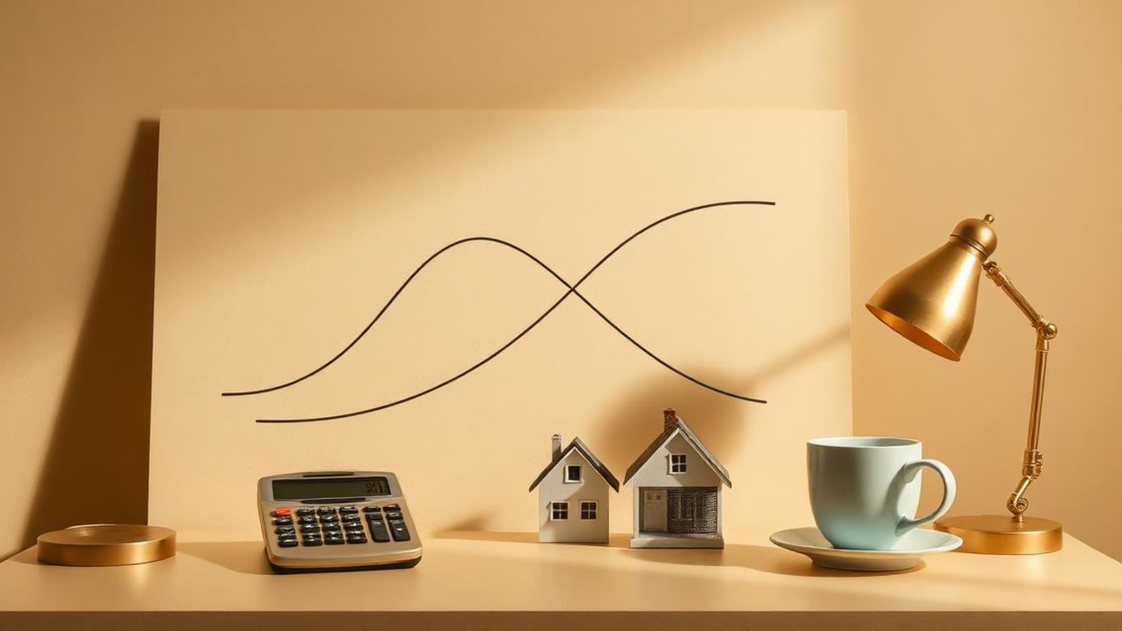 Tabella piano di ammortamento francese di un mutuo con quota interessi decrescente e quota capitale crescente, calcolatrice, modellino di casa e tazza di caffè su scrivania beige — grafica editoriale finanziaria italiana