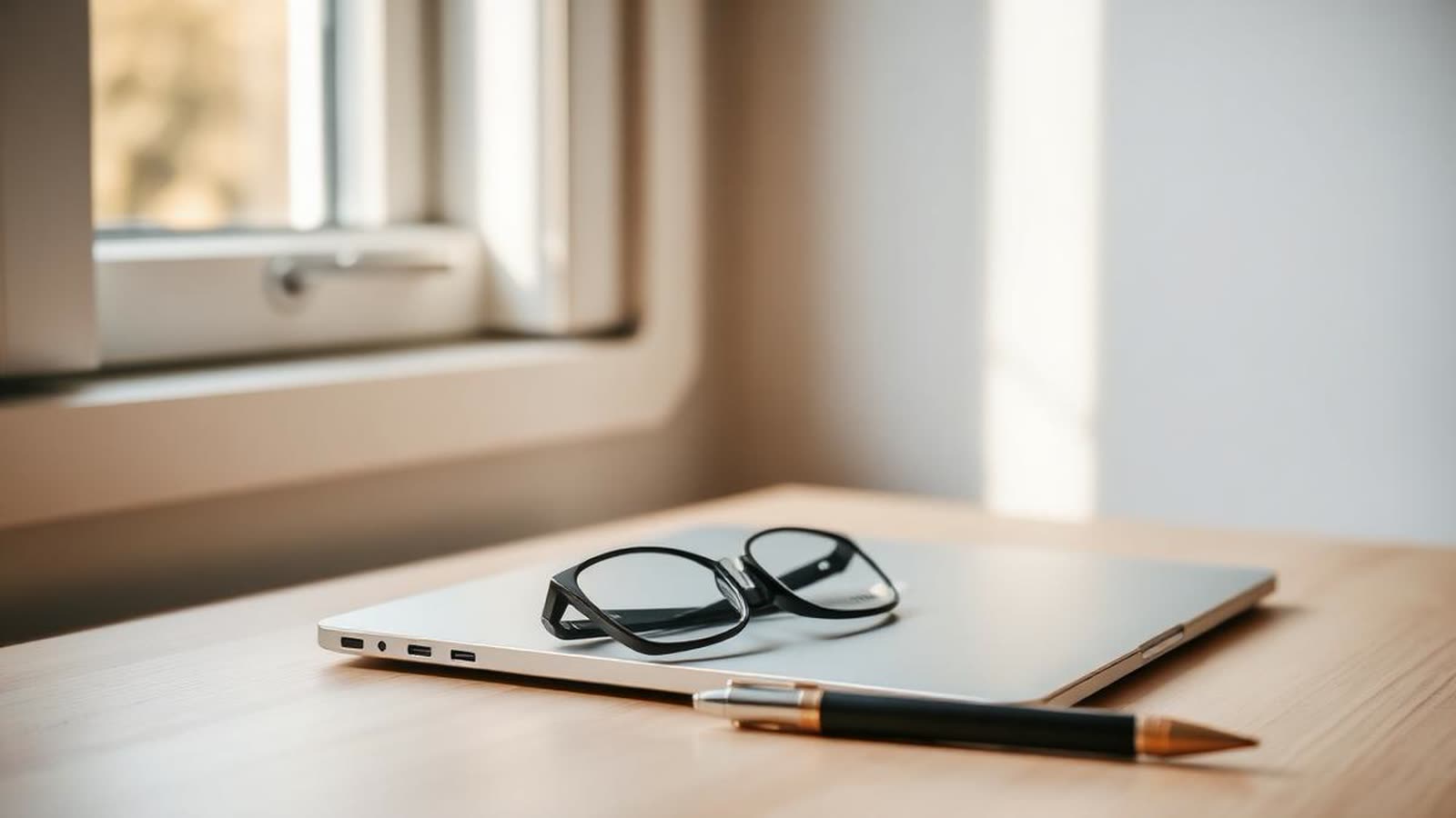 Laptop chiuso con occhiali da lettura e penna su una scrivania luminosa — come leggere il piano di ammortamento di un mutuo variabile