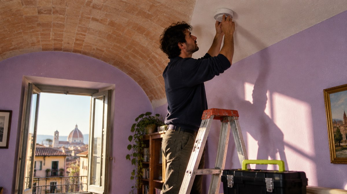 Un uomo su una scala monta un rilevatore di fumo sul soffitto a volta di un soggiorno, con la finestra aperta sui tetti della città: proteggersi dagli imprevisti