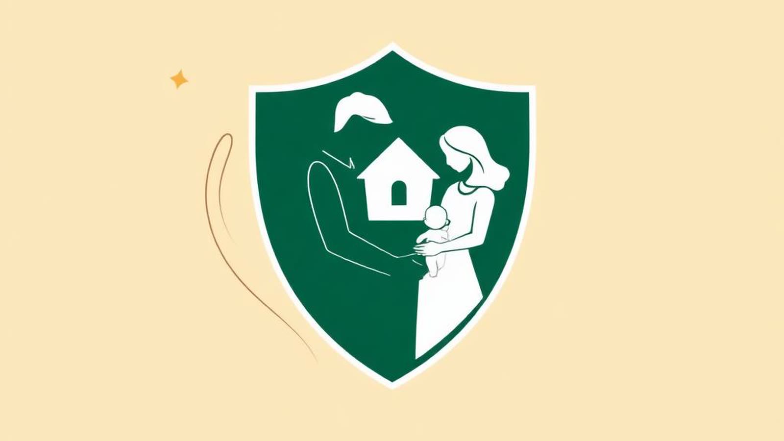 Scudo verde con silhouette di famiglia e casa su sfondo beige — polizza vita sul mutuo