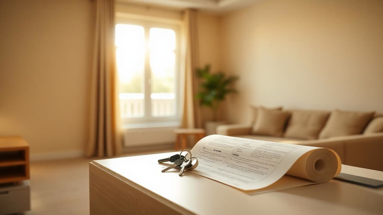 Soggiorno luminoso con chiavi sul tavolo e un contratto arrotolato — affittare la casa acquistata con mutuo prima casa