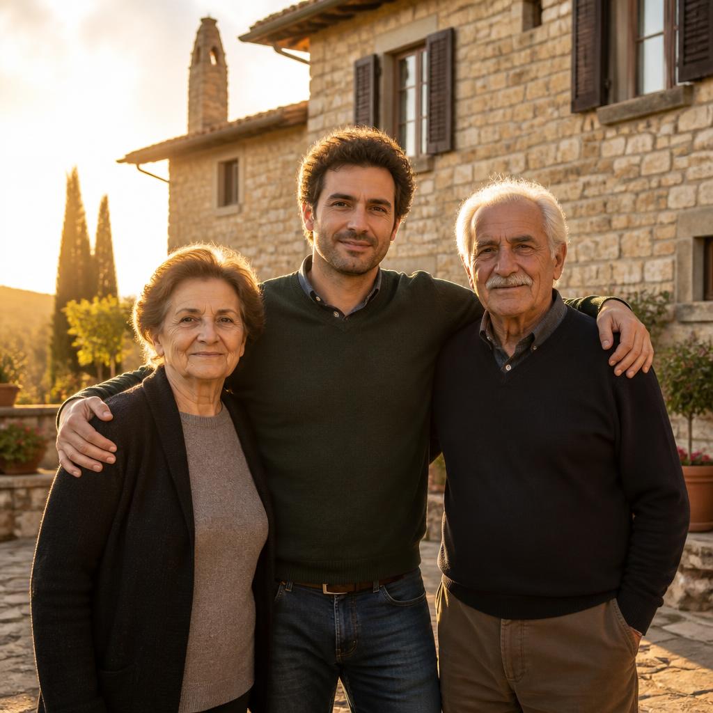 Genitori adulti e figlio giovane davanti a una casa italiana in un contesto residenziale sereno, luce dorata pomeridiana — comprare casa dai genitori con il mutuo