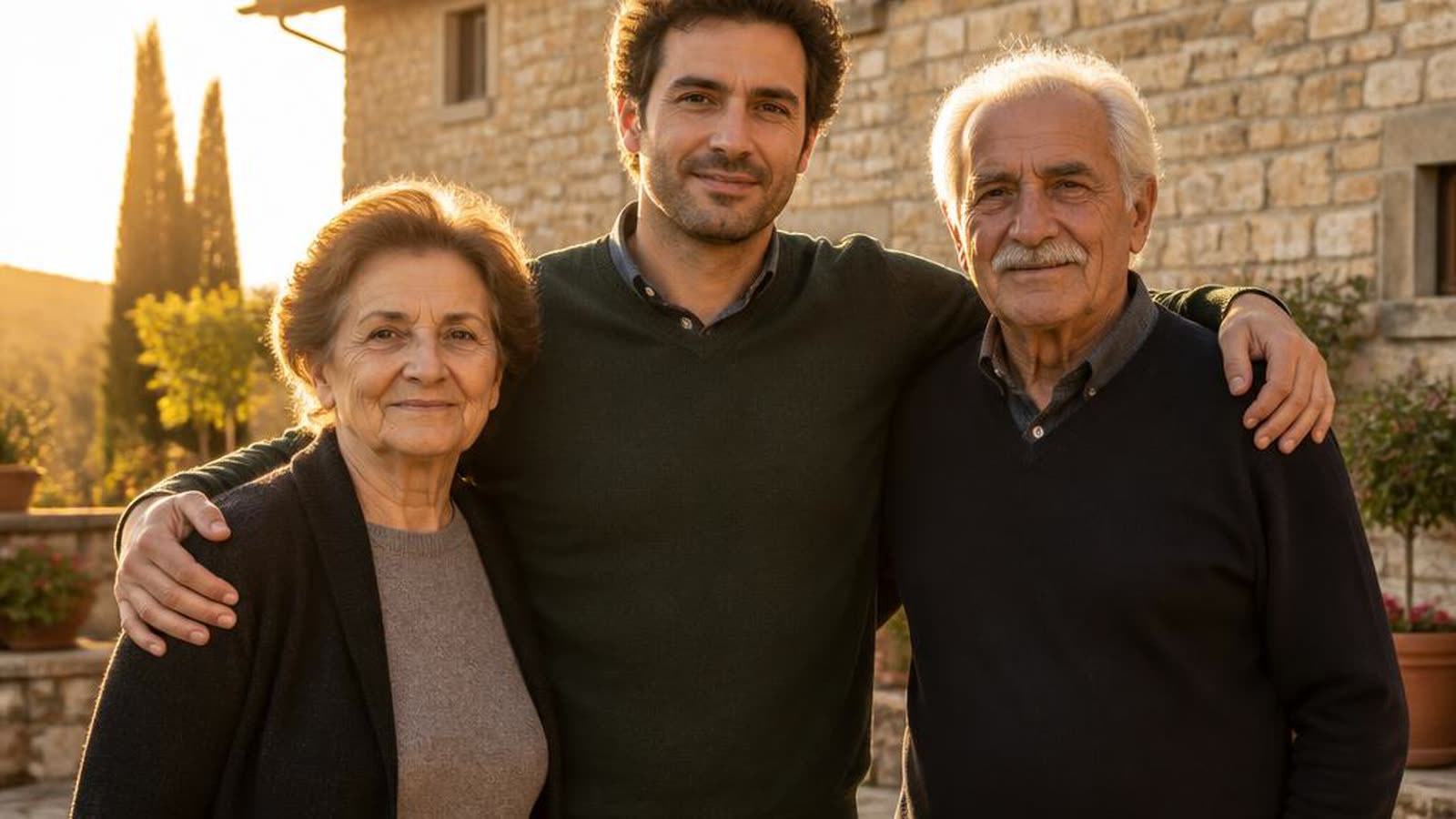 Genitori adulti e figlio giovane davanti a una casa italiana in un contesto residenziale sereno, luce dorata pomeridiana — comprare casa dai genitori con il mutuo