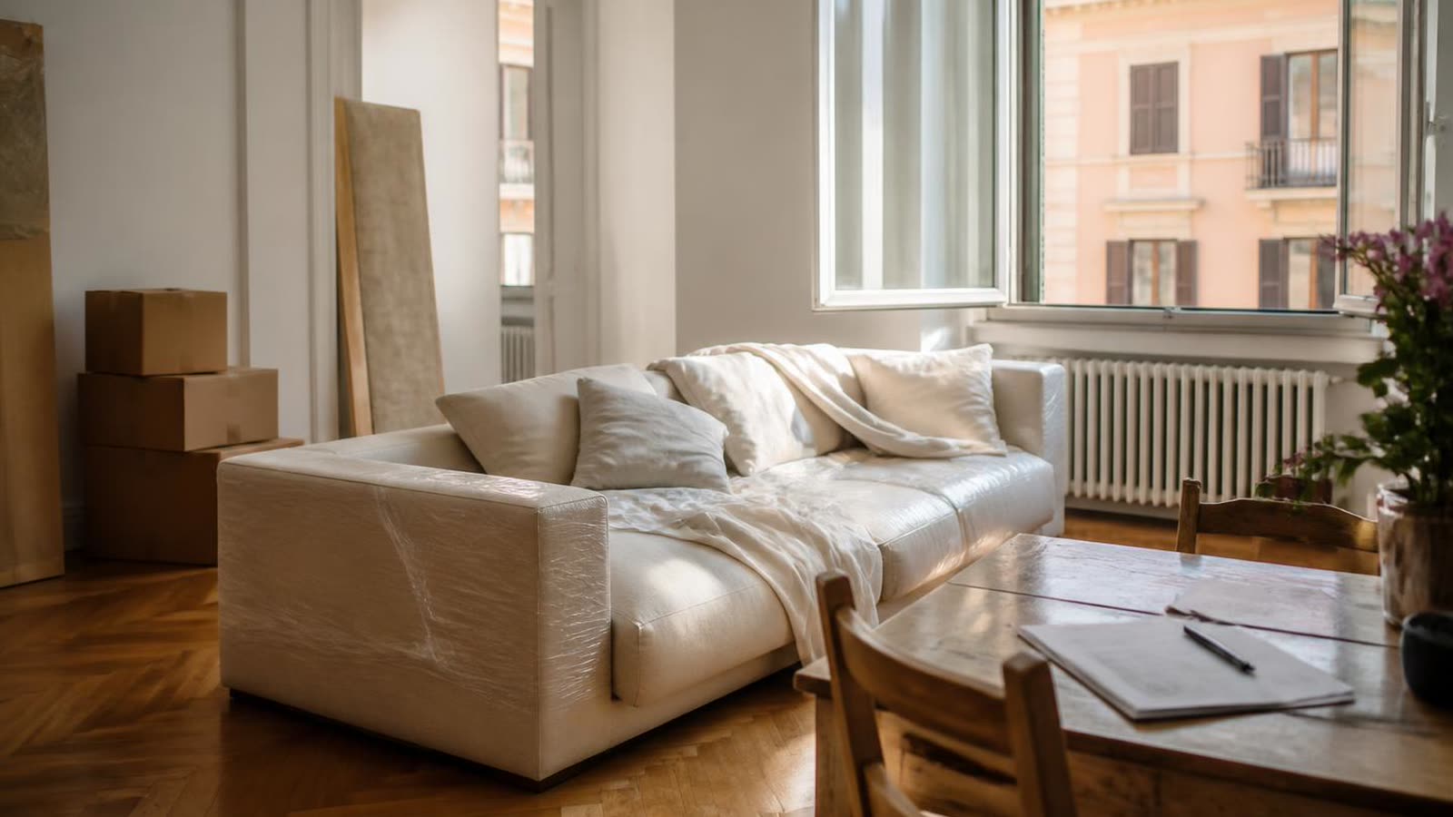Salotto arredato con scatole di trasloco e documenti su un tavolo, accanto a una casa in miniatura
