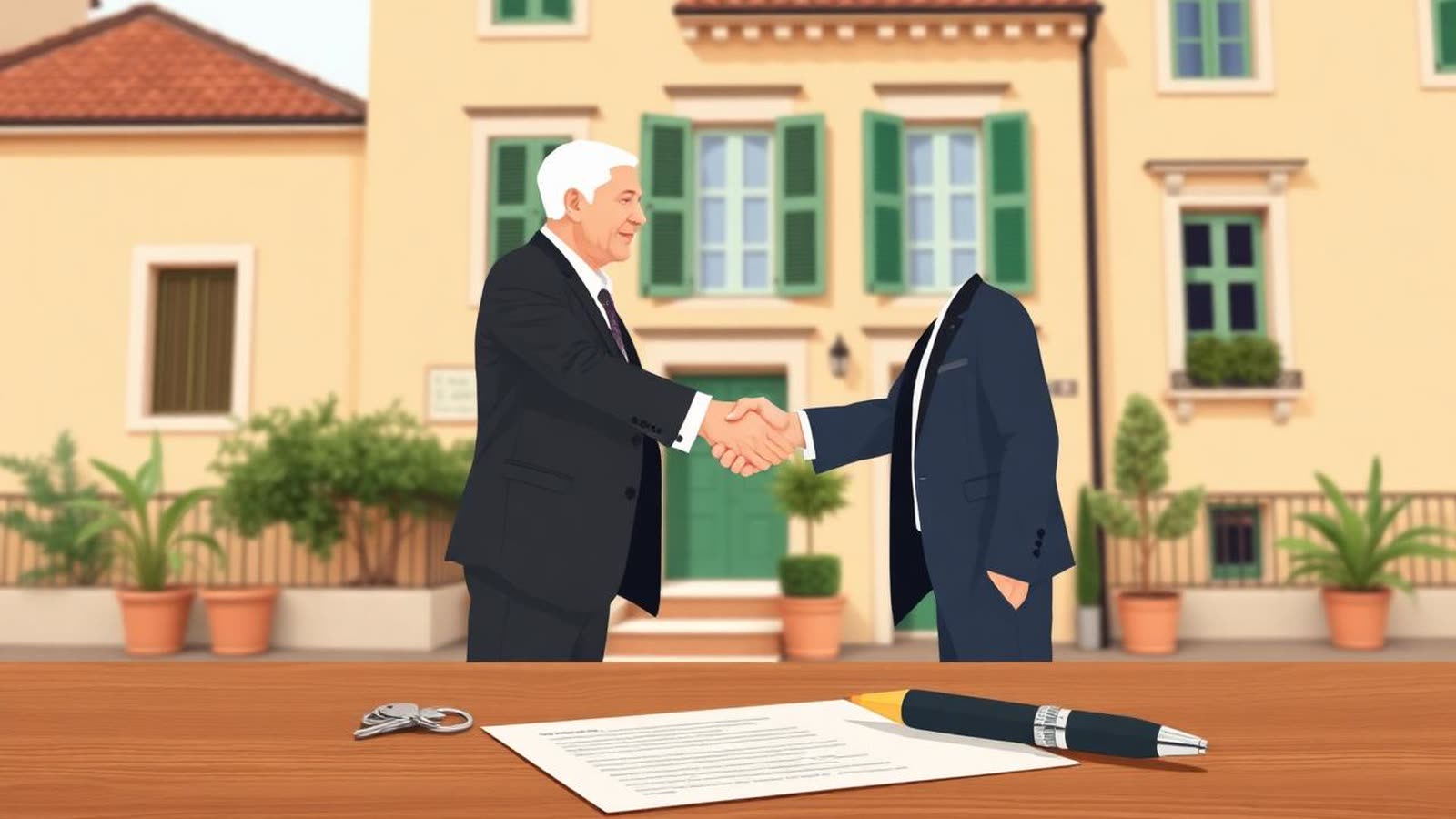 Illustrazione editoriale di stretta di mano tra venditore e acquirente davanti a casa italiana con proposta di acquisto firmata e chiavi sul tavolo