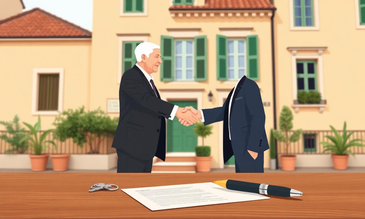 Illustrazione editoriale di stretta di mano tra venditore e acquirente davanti a casa italiana con proposta di acquisto firmata e chiavi sul tavolo