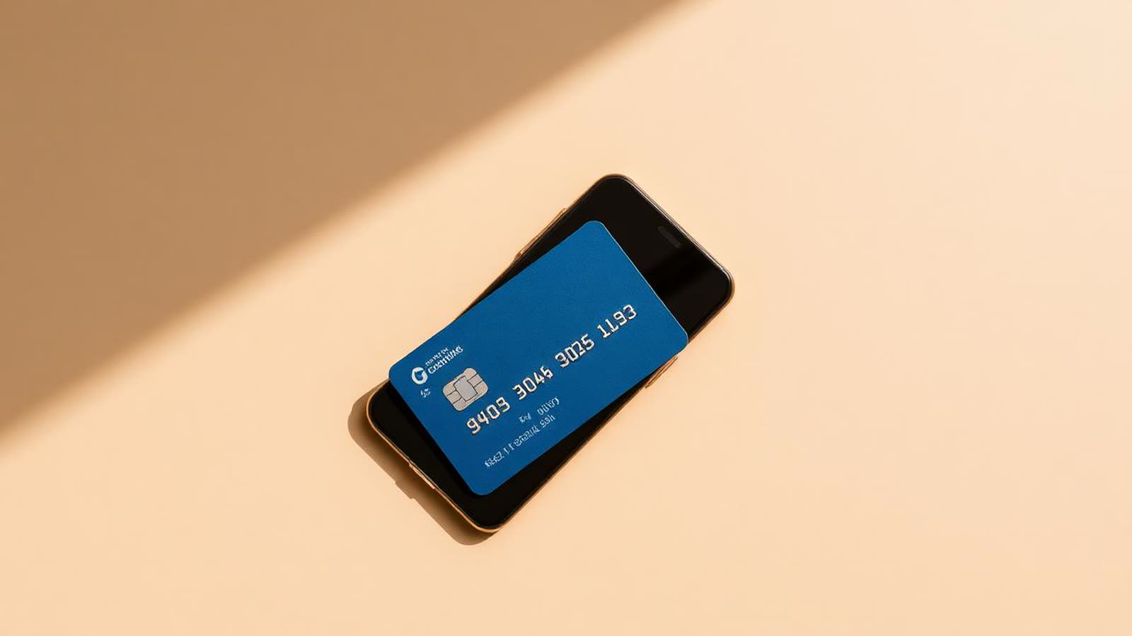 Carta di pagamento appoggiata su uno smartphone su superficie beige con luce laterale