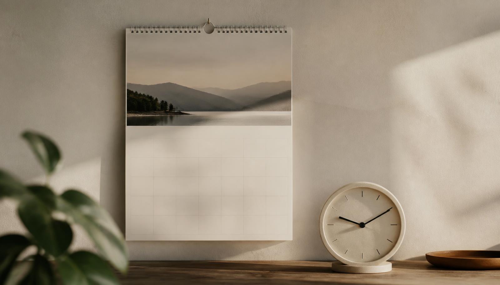 Calendario da parete e orologio da tavolo su una parete chiara illuminata dalla luce del mattino — quando la banca aggiorna la rata all'Euribor