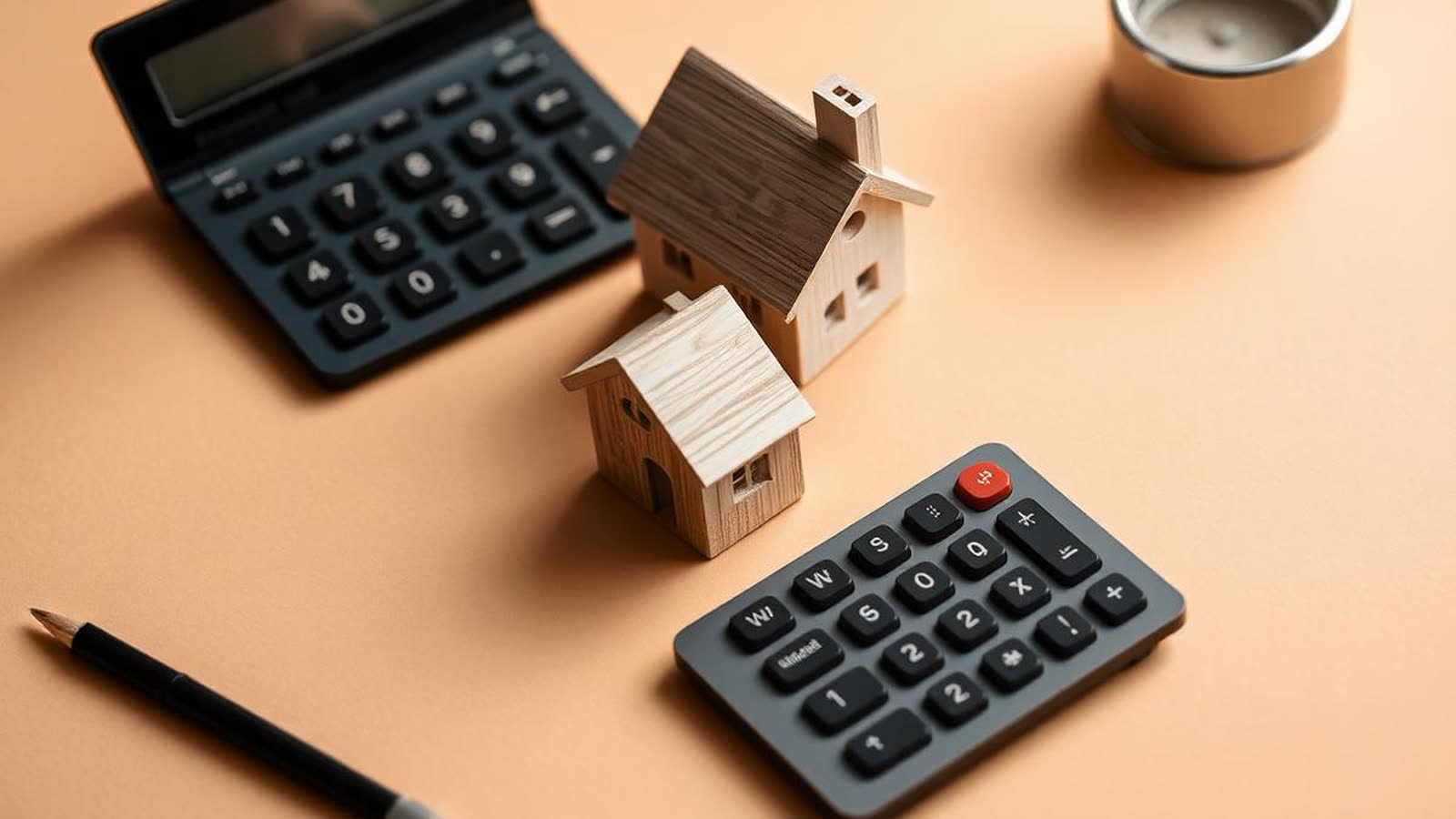 Due modellini di casa in legno di dimensioni diverse accanto a una calcolatrice su fondo beige