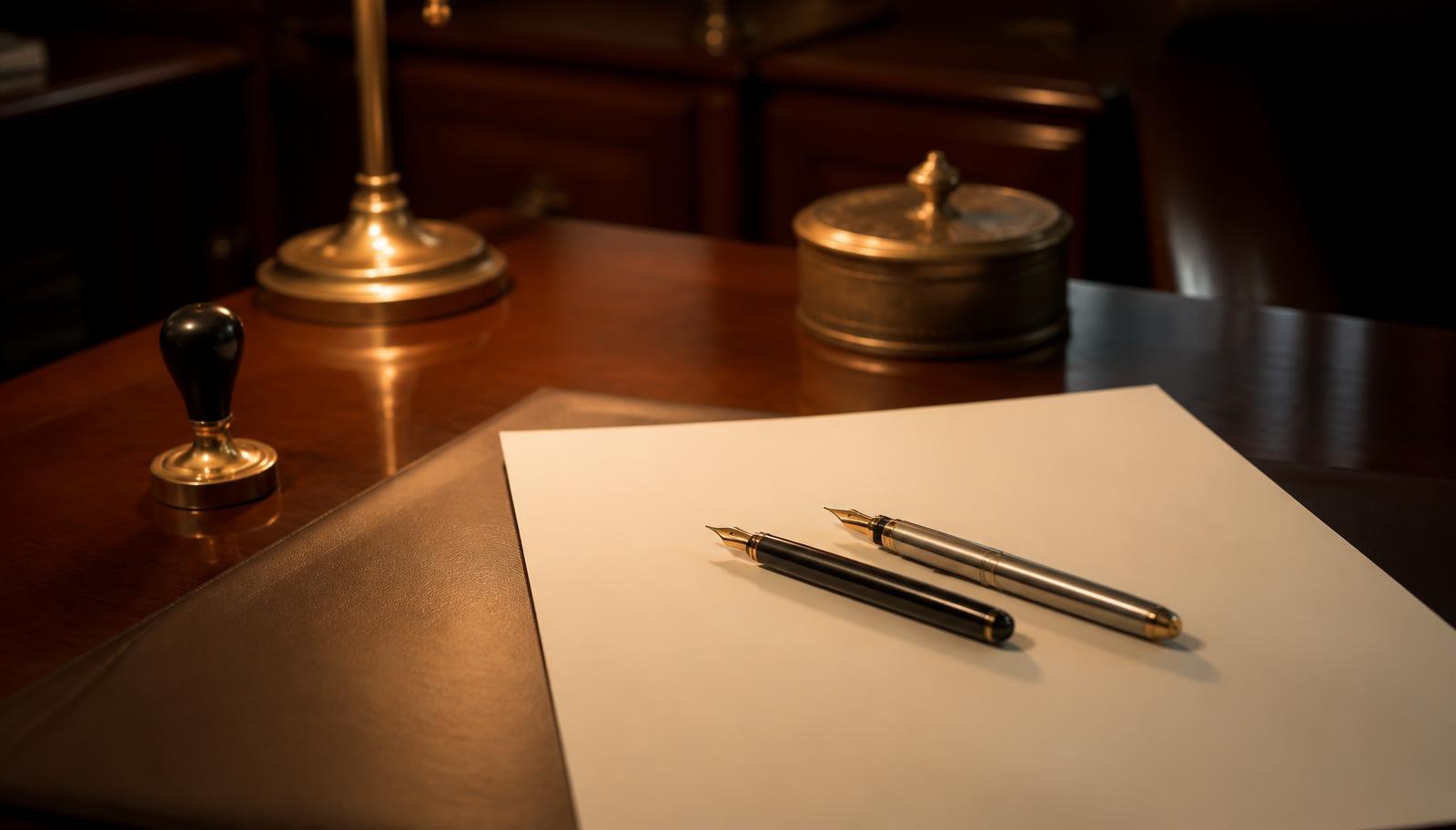 Due penne stilografiche appoggiate su un foglio bianco sulla scrivania di uno studio notarile, luce calda di lampada — costi del notaio con mutuo cointestato