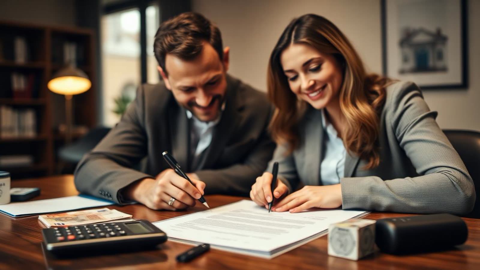 Coppia che firma un contratto preliminare di compravendita alla scrivania di un'agenzia immobiliare, con calcolatrice accanto