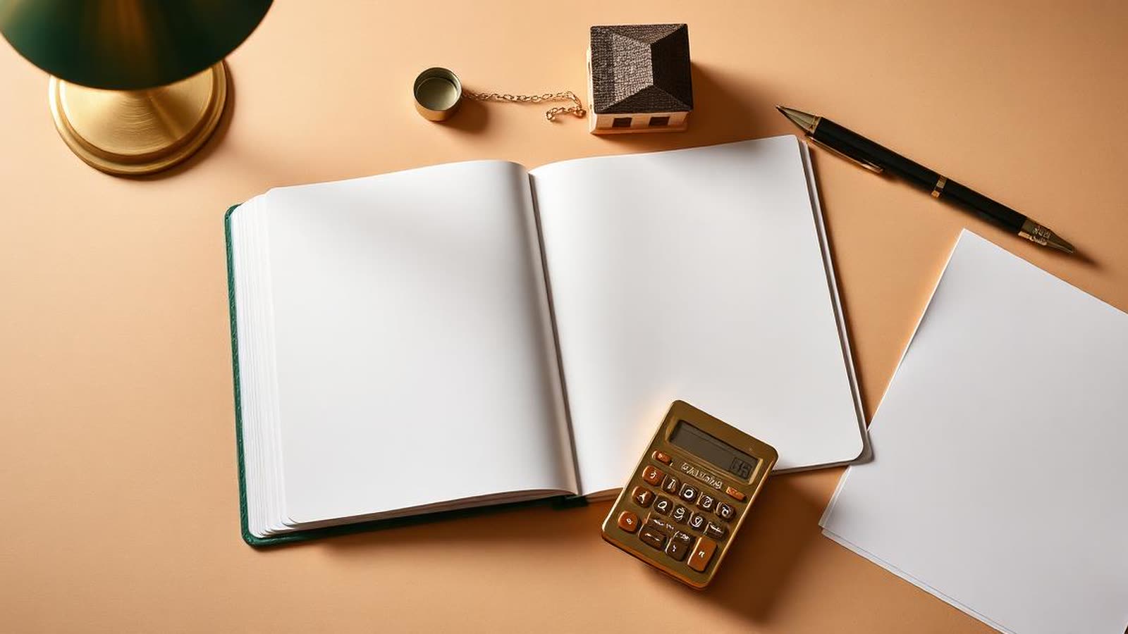 Scrivania di un consulente mutui in Italia con quaderno aperto, calcoli a mano di rata mensile in base allo stipendio (2.000€ stipendio, 700€ rata max, 150.000€ mutuo), calcolatrice, banconote in euro e piccola casa in legno