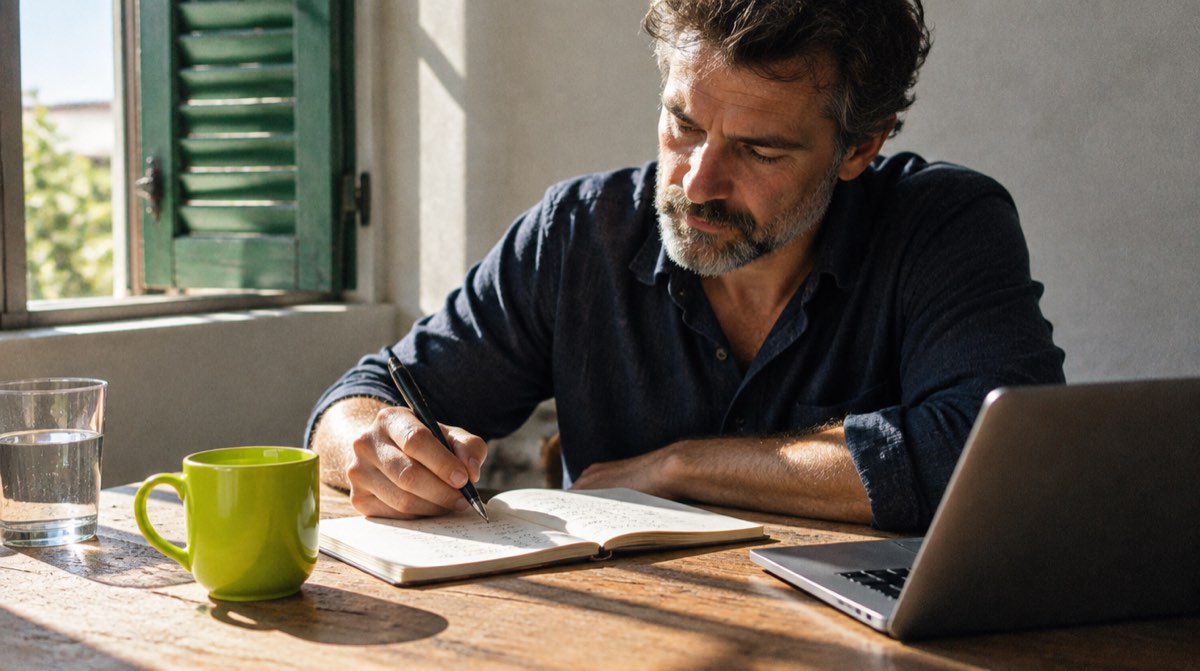 Scrivania di un consulente mutui in Italia con quaderno aperto, calcoli a mano di rata mensile in base allo stipendio (2.000€ stipendio, 700€ rata max, 150.000€ mutuo), calcolatrice, banconote in euro e piccola casa in legno
