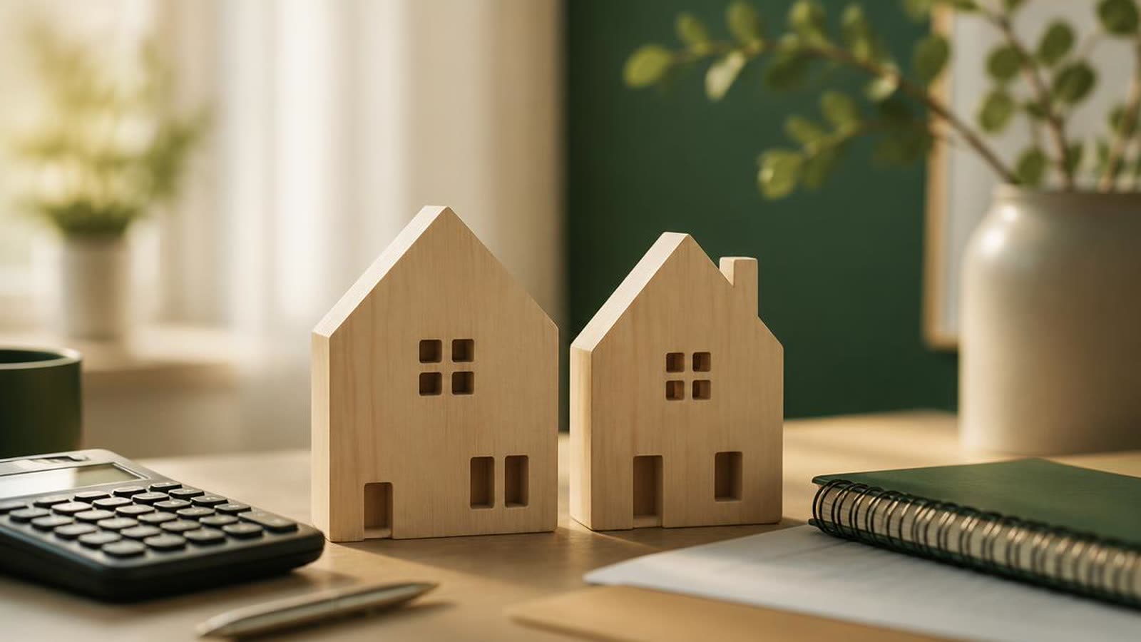 Due modellini di casa in legno affiancati su una scrivania con calcolatrice e quaderno