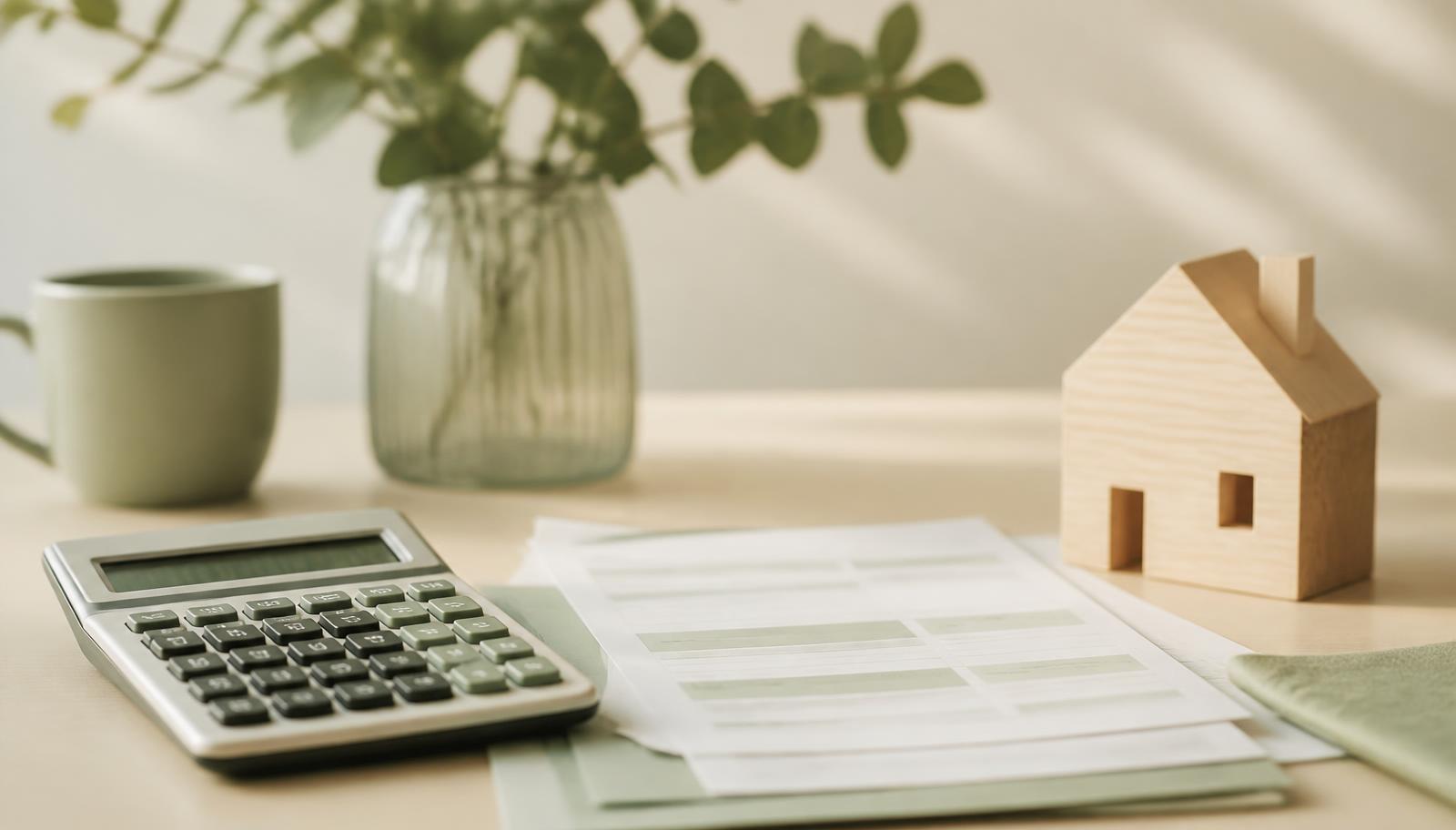 Calcolatrice, buste paga e modellino di casa in legno su una scrivania — reddito necessario per un mutuo da 200.000 euro