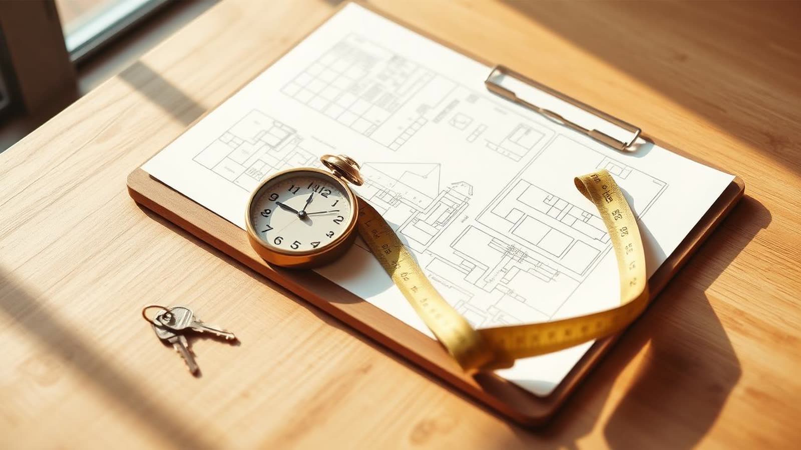 Blocco per appunti tecnici, metro e orologio su un tavolo di legno — validità nel tempo della perizia per il mutuo