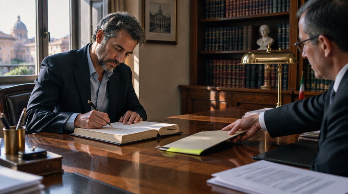 Illustrazione minimalista di una lente d'ingrandimento su un documento legale con sigillo, in colori beige e verde — Relazione Notarile Preliminare 2026