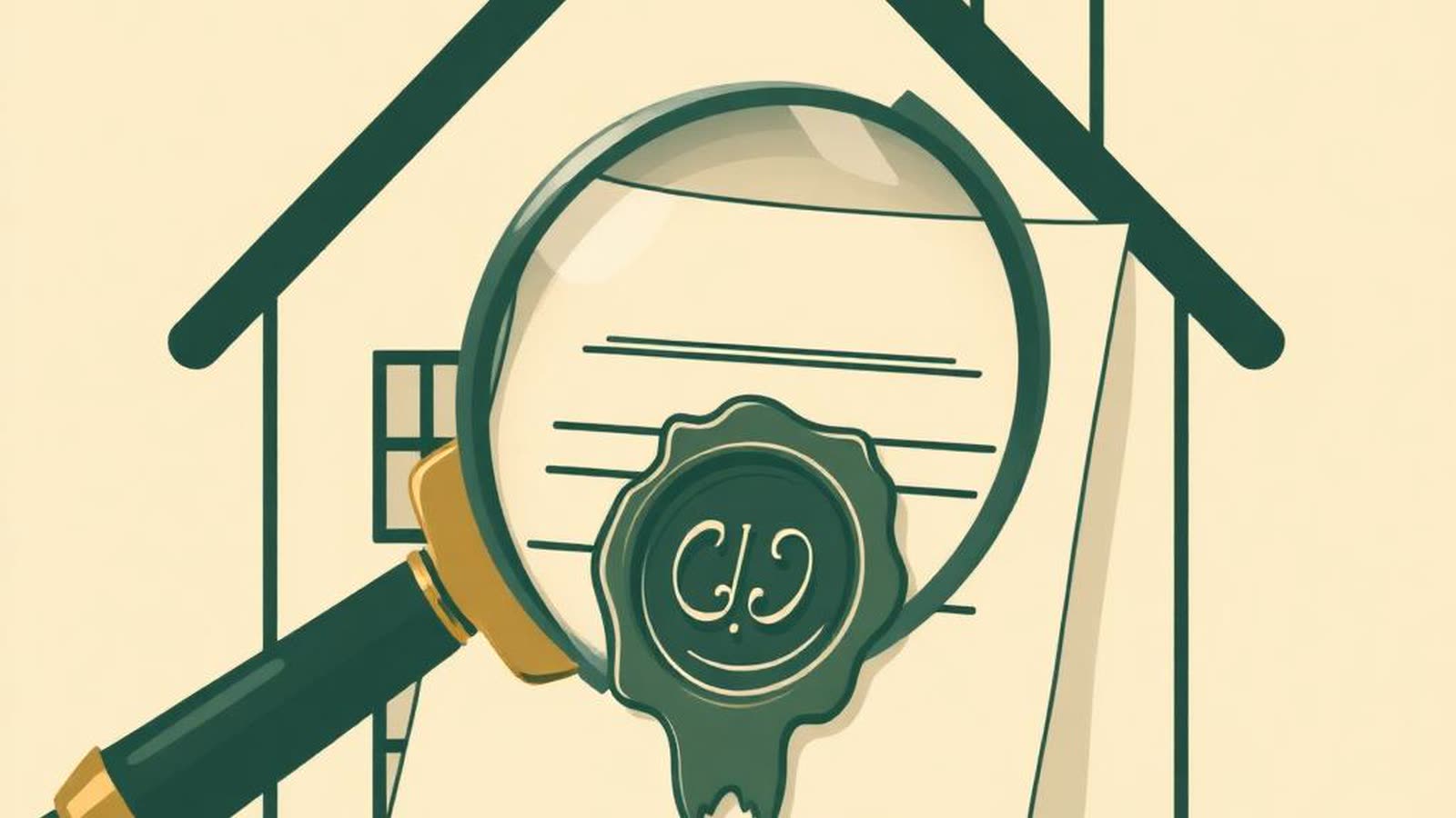 Illustrazione minimalista di una lente d'ingrandimento su un documento legale con sigillo, in colori beige e verde — Relazione Notarile Preliminare 2026