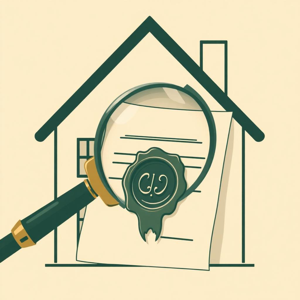 Illustrazione minimalista di una lente d'ingrandimento su un documento legale con sigillo, in colori beige e verde — Relazione Notarile Preliminare 2026