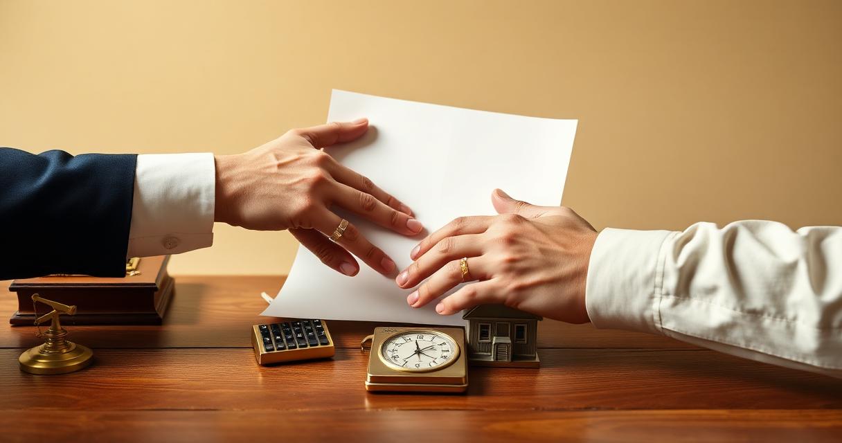 Consulente bancario e cliente che discutono la rinegoziazione di un mutuo in filiale italiana, contratto sul tavolo, calcolatrice e modellino di casa — illustrazione editoriale beige con sedie verdi