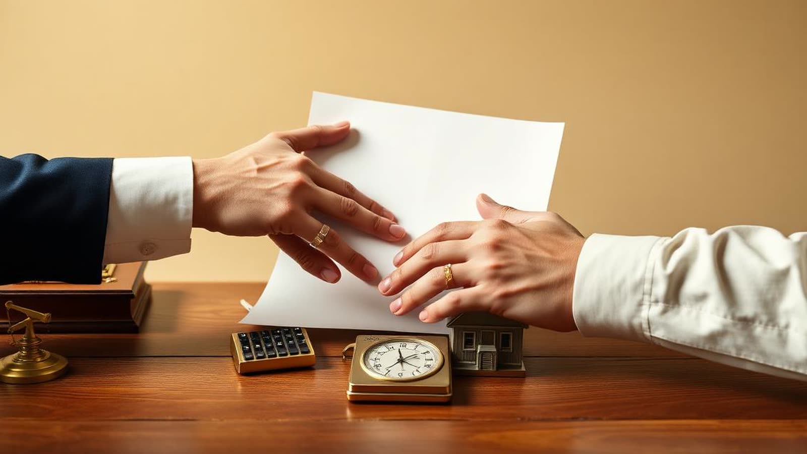 Consulente bancario e cliente che discutono la rinegoziazione di un mutuo in filiale italiana, contratto sul tavolo, calcolatrice e modellino di casa — illustrazione editoriale beige con sedie verdi