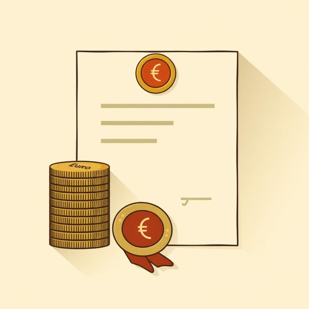 Illustrazione editoriale flat in tonalità beige e verde che mostra un documento notarile con simboli di euro, rappresentando il costo della RNP per il mutuo 2026