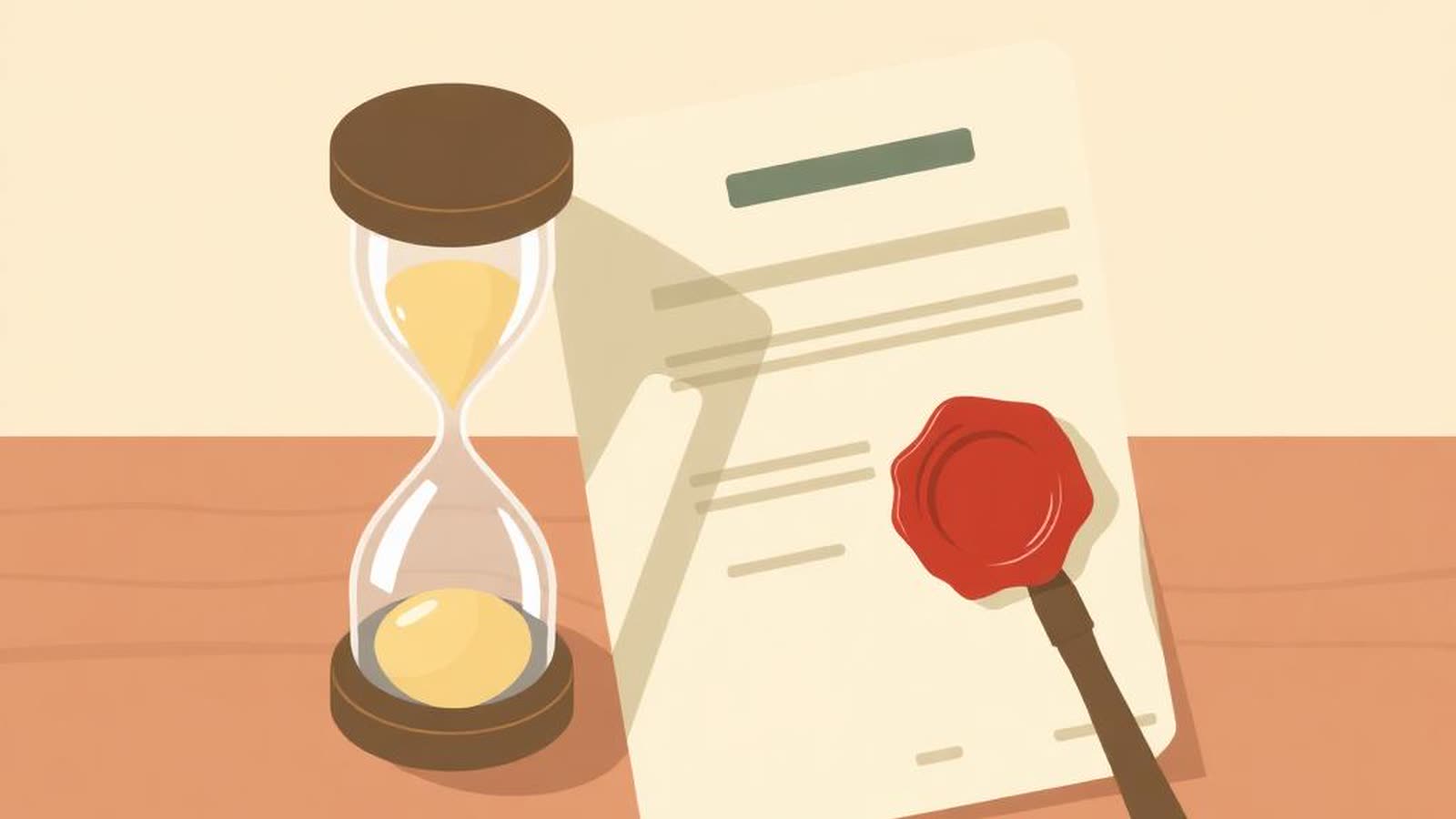 Illustrazione minimalista di una clessidra accanto a un documento notarile con sigillo, in colori beige e verde — tempi della RNP per il mutuo 2026
