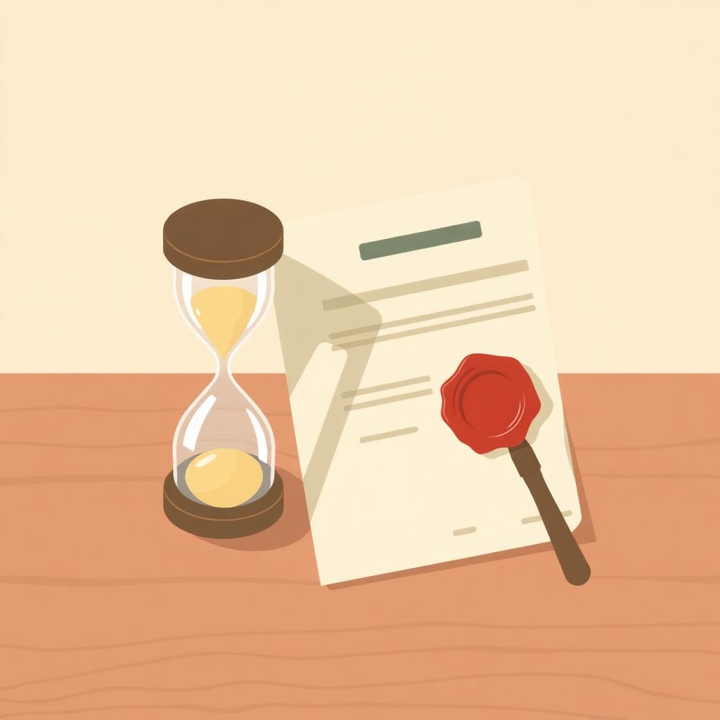 Illustrazione minimalista di una clessidra accanto a un documento notarile con sigillo, in colori beige e verde — tempi della RNP per il mutuo 2026