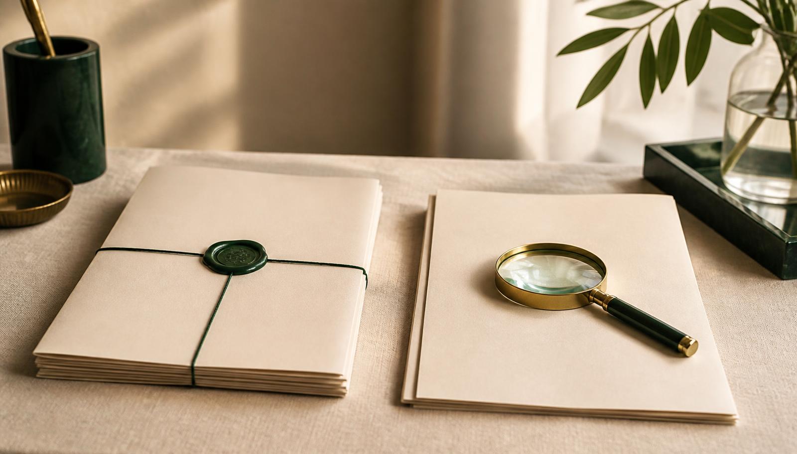 Illustrazione editoriale minimalista beige e verde con due documenti affiancati e una lente d'ingrandimento, a rappresentare il confronto tra RNP e visura ipotecaria per il mutuo