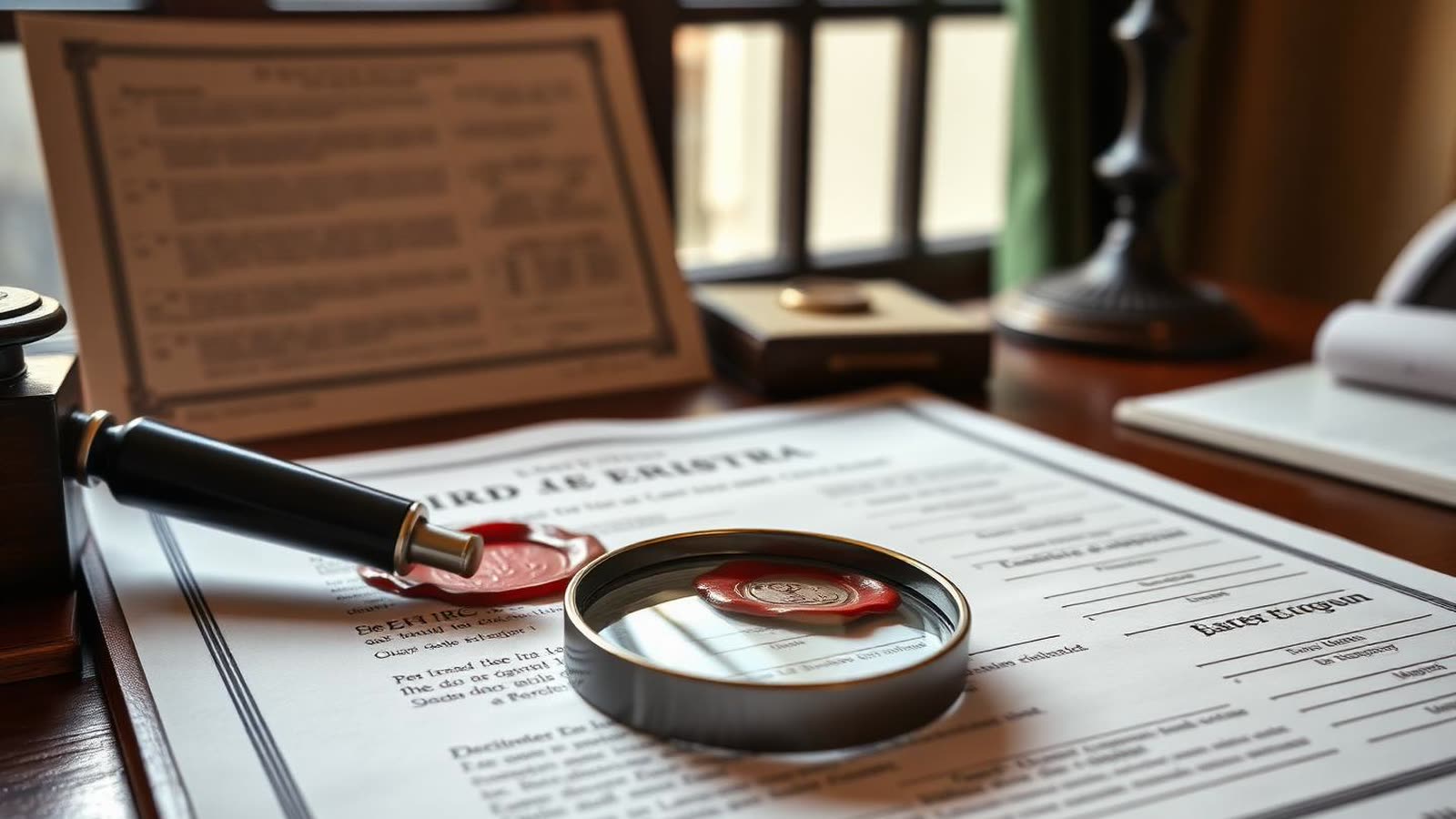 Documento notarile con sigillo in ceralacca e lente d'ingrandimento su una scrivania in legno — esiti della relazione notarile preliminare che bloccano il mutuo