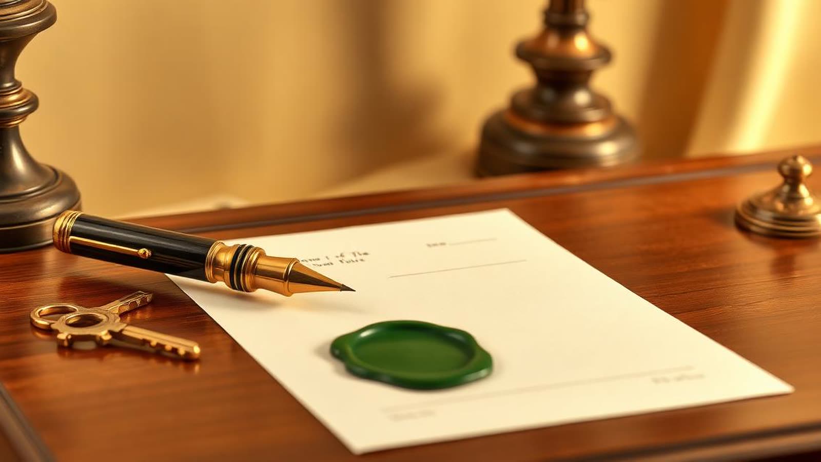 Illustrazione editoriale di notaio italiano che firma il rogito di compravendita casa con chiavi sulla scrivania — guida rogito notarile 2026