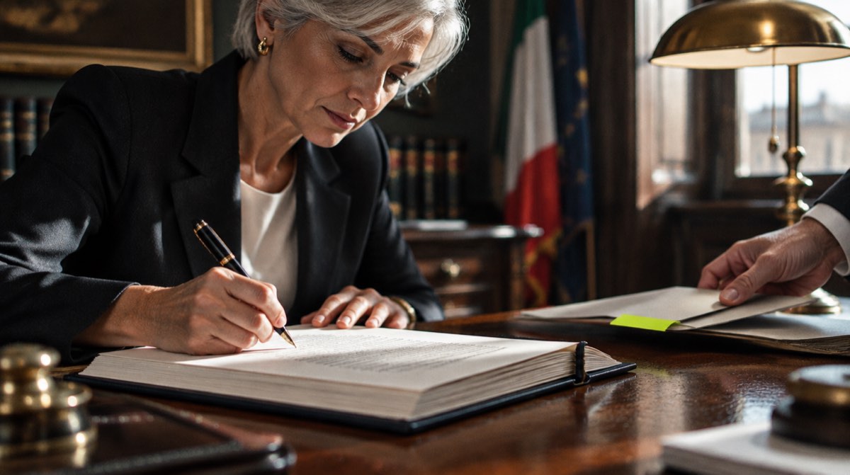 Illustrazione editoriale di notaio italiano che firma il rogito di compravendita casa con chiavi sulla scrivania — guida rogito notarile 2026