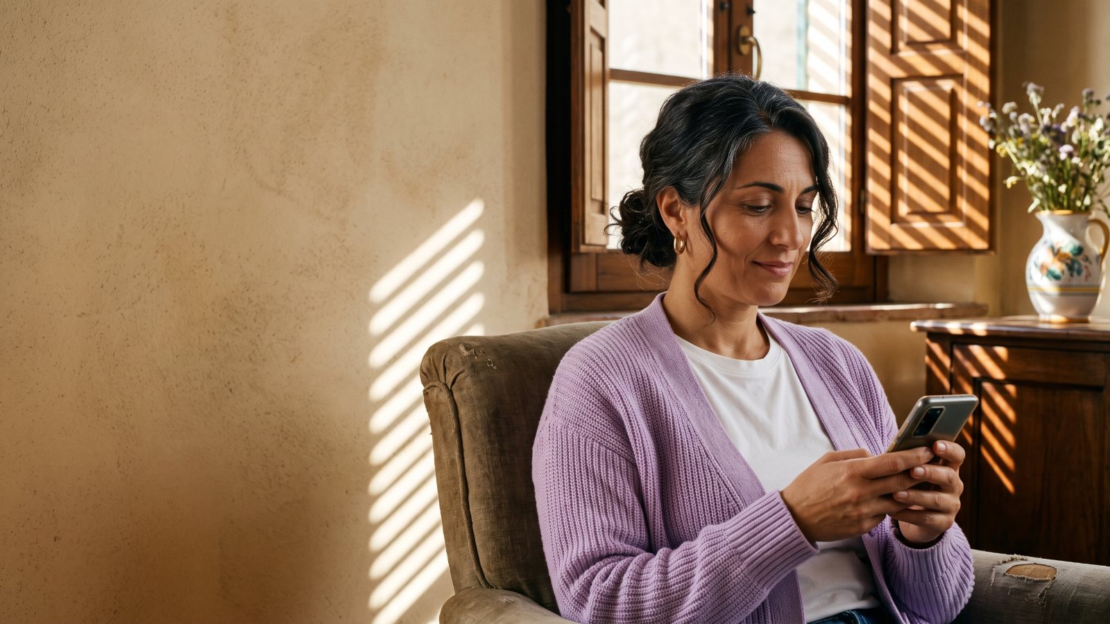 Una donna con il cardigan lilla, seduta in poltrona accanto alla finestra, controlla il telefono con espressione tranquilla: che cosa succede al mutuo e al conto corrente se la banca fallisce