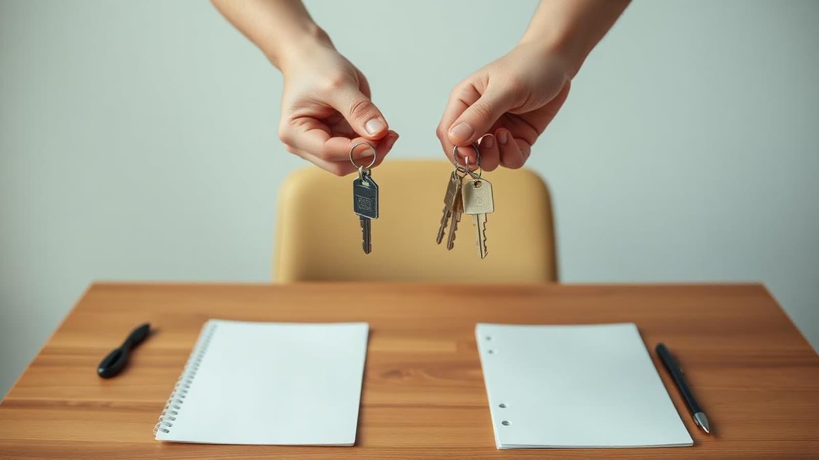 Due mani si scambiano due mazzi di chiavi sopra una scrivania in legno con due cartelle immobiliari