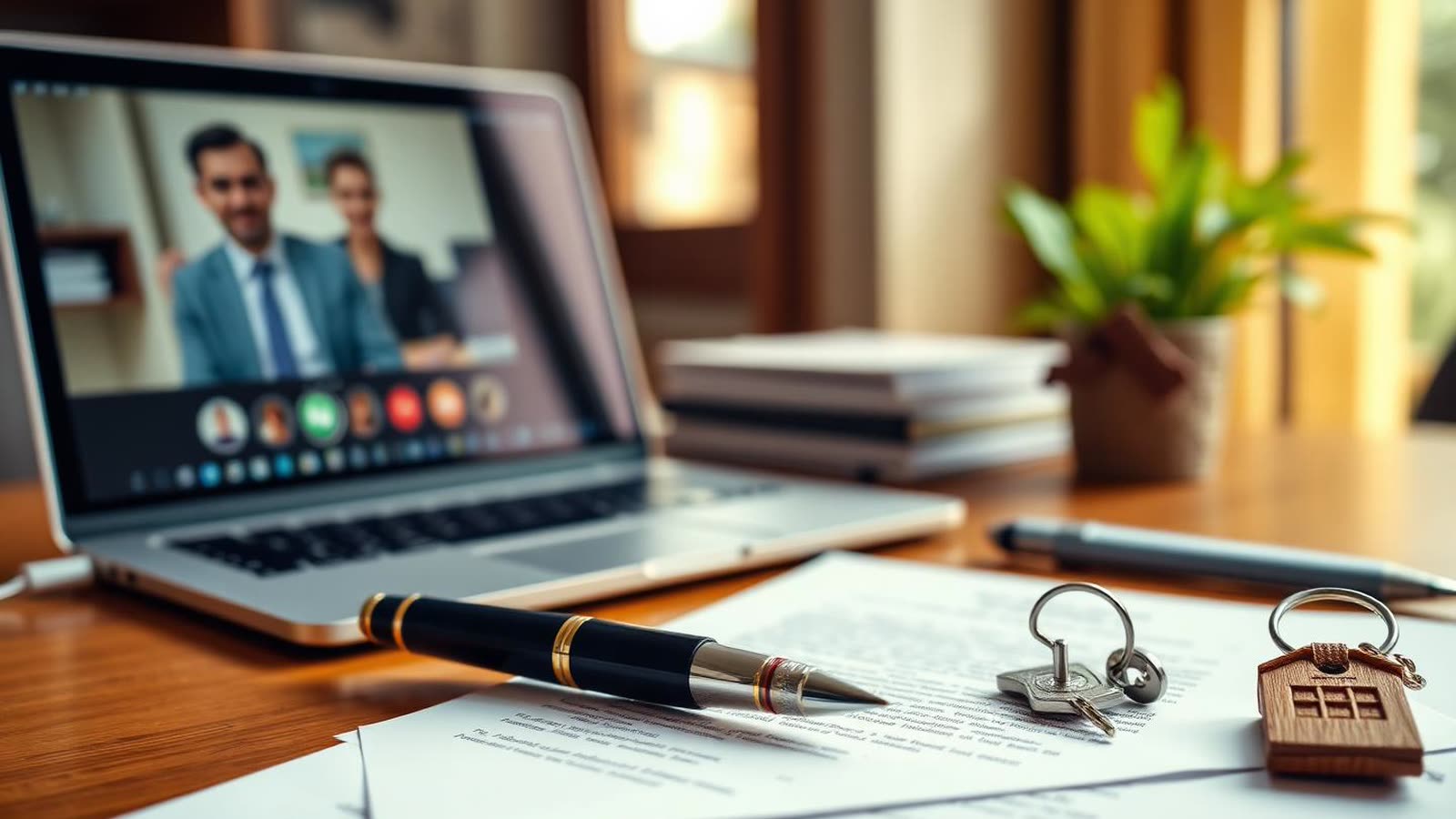 Scrivania di studio notarile con laptop acceso per una videochiamata e documenti — rogito a distanza e notaio digitale