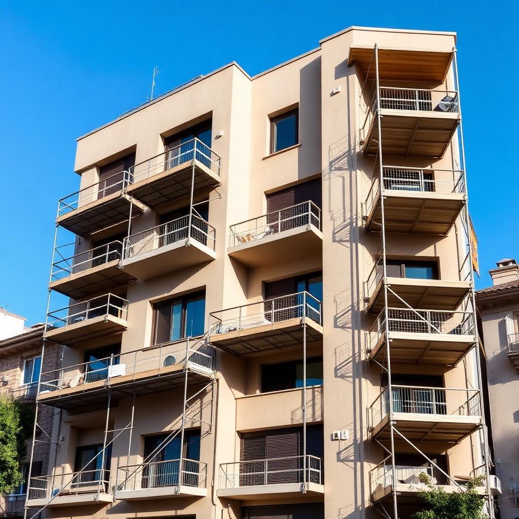 Edificio residenziale antisismico in ricostruzione con ponteggi — Sismabonus Acquisti 2026 mutuo